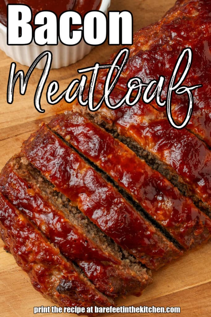 close up photo of sliced meatloaf with bacon and bbq sauce