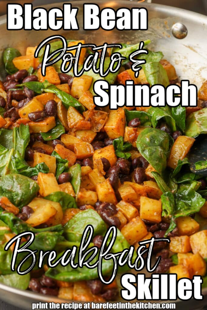 Black Bean, Potato, Spinach Hash in a metal skillet with white lettering overload to read: "Black Bean, Potato, Spinach Breakfast Hash"