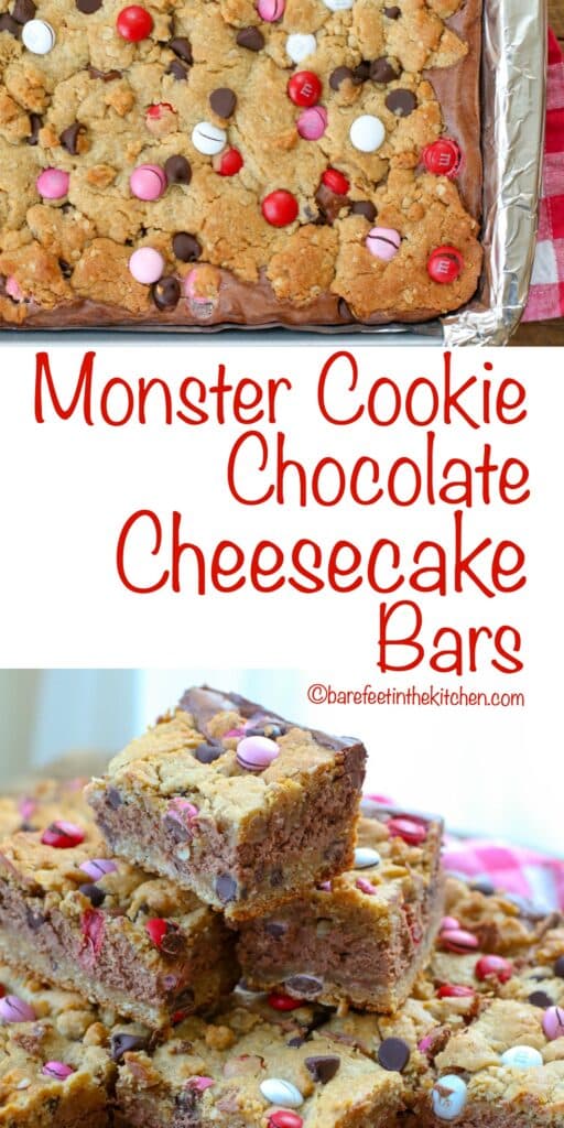 Monster Cookie Chocolate Cheesecake Bars are a crunchy, chewy, creamy sweet treat!