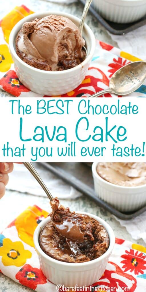 The BEST Chocolate Lava Cake is like no other! get the recipe at barefeetinthekitchen.com 
