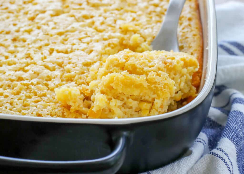 Corn Pudding Casserole is a classic comfort food! get the recipe at barefeetinthekitchen.com