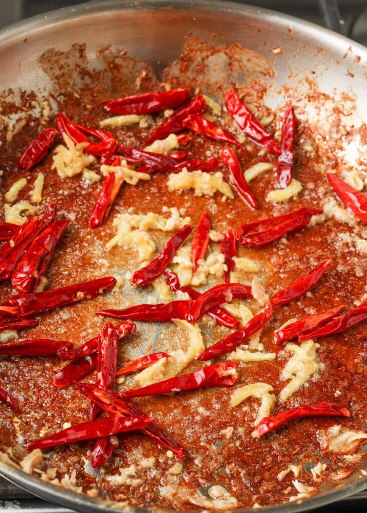 Thai chili peppers in skillet