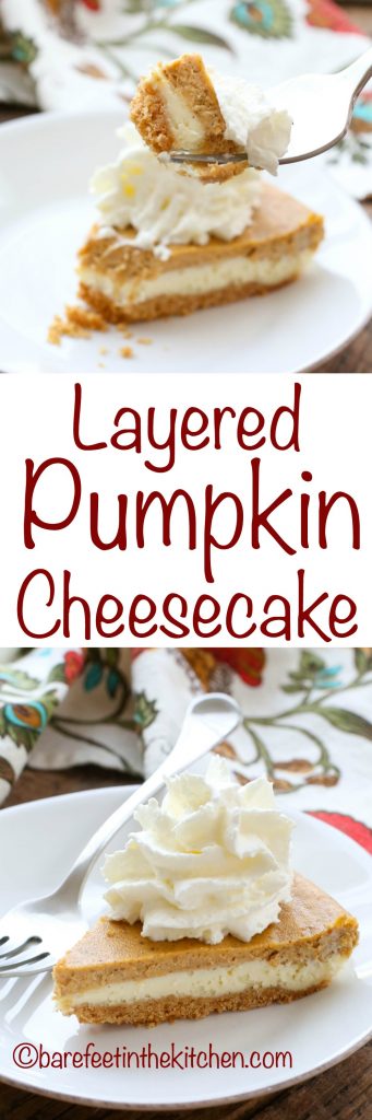 Layered Pumpkin Cheesecake is an irresistible dessert! get the recipe at barefeetinthekitchen.com