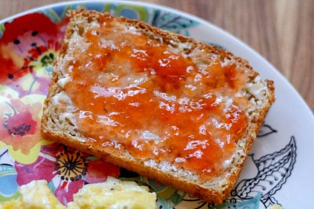 Homemade Peach Jam on toast is a treat! get the recipe at barefeetinthekitchen.com