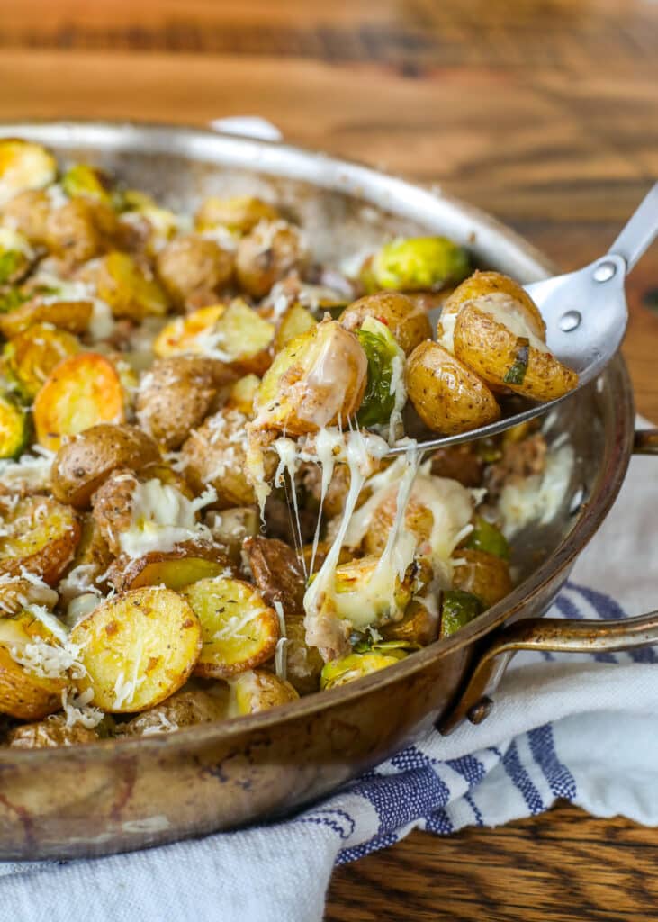 Potatoes + Brussels Sprouts + Sausage + Cheese adds up to one spectacular meal!