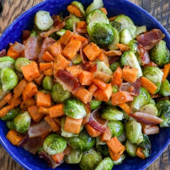 Roasted Sweet Potatoes with Brussels Sprouts and Bacon