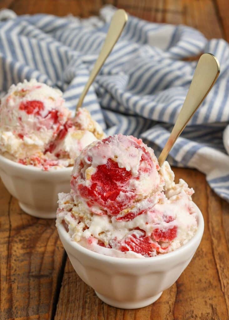 strawberry ice cream with shortcake pieces mixed throughout